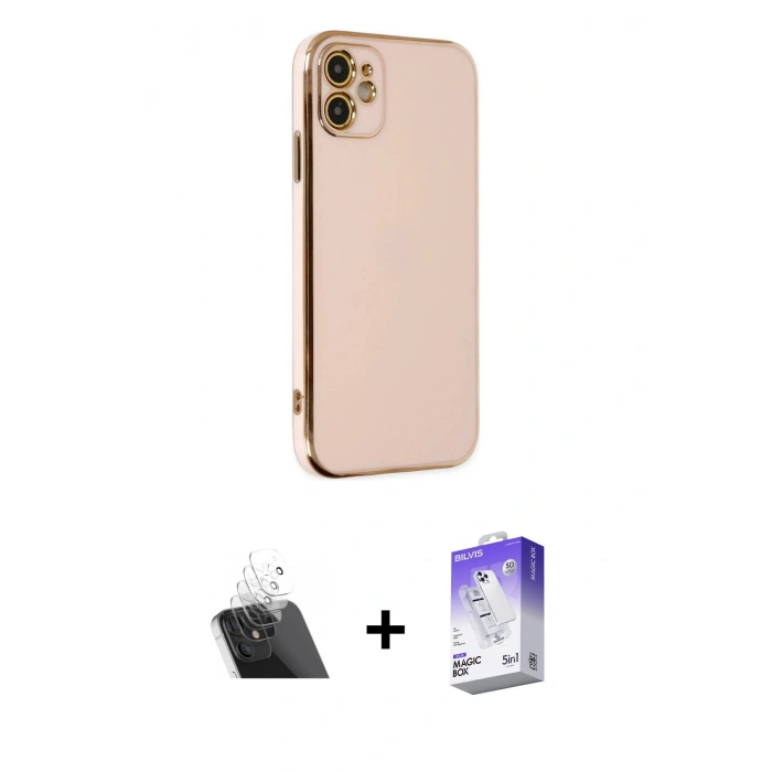 MARSİLYAN™- iPhone 12 Kılıf Yankı Serisi - Siyah Bilvis 5in1 3D Magic Cam Ekran Koruyucu + Kamera Lens Koruma Cam - SF