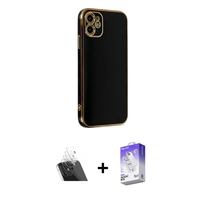 MARSİLYAN™- iPhone 12 Kılıf Yankı Serisi - Siyah Bilvis 5in1 3D Magic Cam Ekran Koruyucu + Kamera Lens Koruma Cam - SF