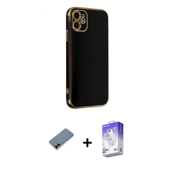 MARSİLYAN™- iPhone 12 Kılıf Yankı Serisi - Siyah Bilvis 5in1 3D Magic Cam Ekran Koruyucu + Metal Kamera Lens Koruma Cam - KI