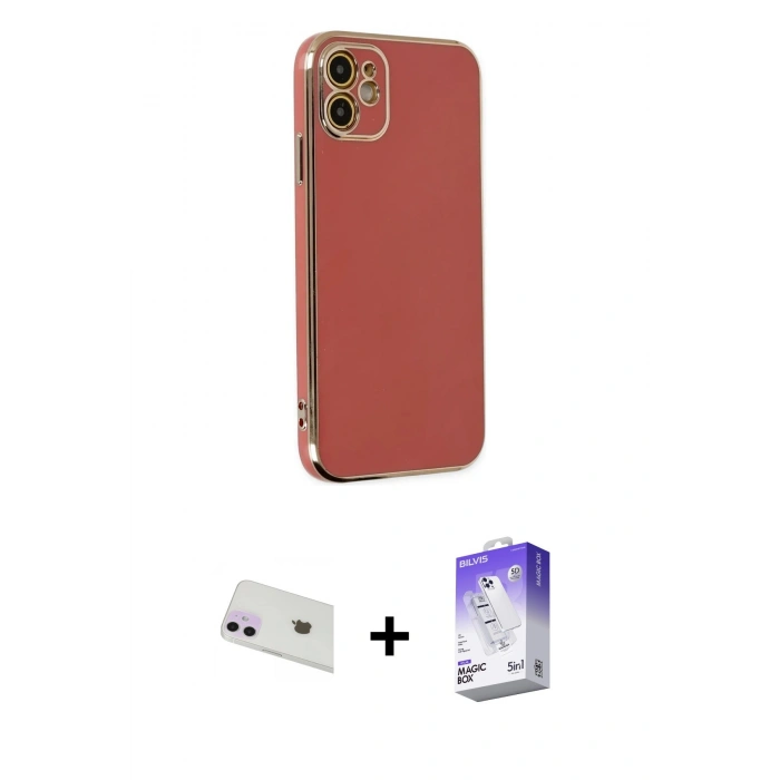 MARSİLYAN™- iPhone 12 Kılıf Yankı Serisi - Siyah Bilvis 5in1 3D Magic Cam Ekran Koruyucu + Rainbow Kamera Lens Koruma Cam - MR