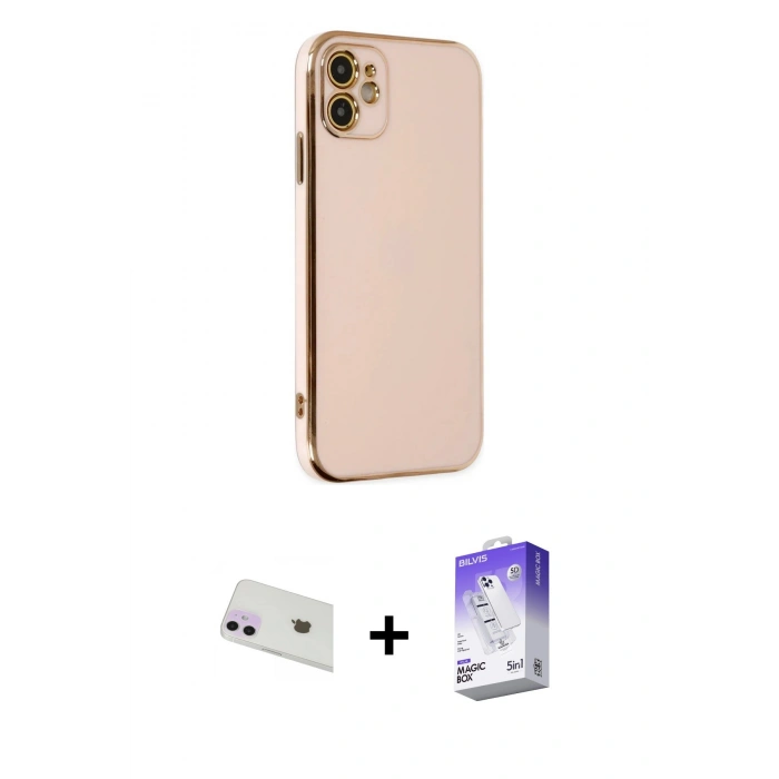 MARSİLYAN™- iPhone 12 Kılıf Yankı Serisi - Siyah Bilvis 5in1 3D Magic Cam Ekran Koruyucu + Rainbow Kamera Lens Koruma Cam - MR