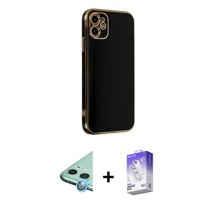 MARSİLYAN™- iPhone 12 Kılıf Yankı Serisi - Siyah Bilvis 5in1 3D Magic Cam Ekran Koruyucu + Raze Metal Kamera Lens - MI