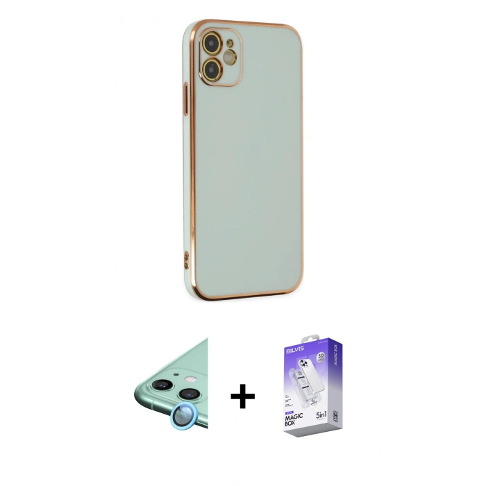 MARSİLYAN™- iPhone 12 Kılıf Yankı Serisi - Siyah Bilvis 5in1 3D Magic Cam Ekran Koruyucu + Raze Metal Kamera Lens - MI