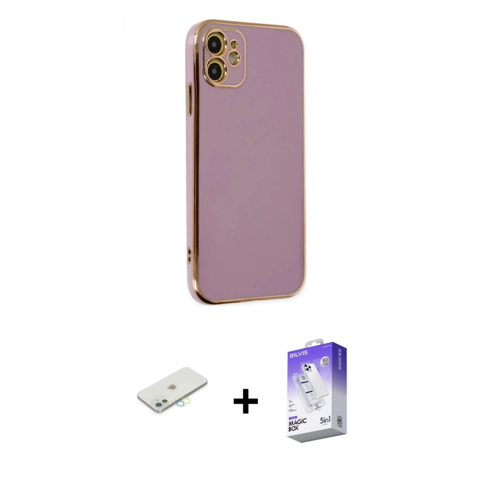 MARSİLYAN™- iPhone 12 Kılıf Yankı Serisi - Siyah Bilvis 5in1 3D Magic Cam Ekran Koruyucu + Renkli Kamera Lens Koruma Cam - SI