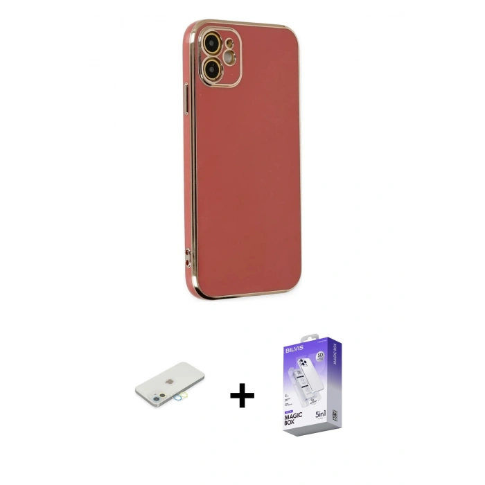 MARSİLYAN™- iPhone 12 Kılıf Yankı Serisi - Siyah Bilvis 5in1 3D Magic Cam Ekran Koruyucu + Renkli Kamera Lens Koruma Cam - SI