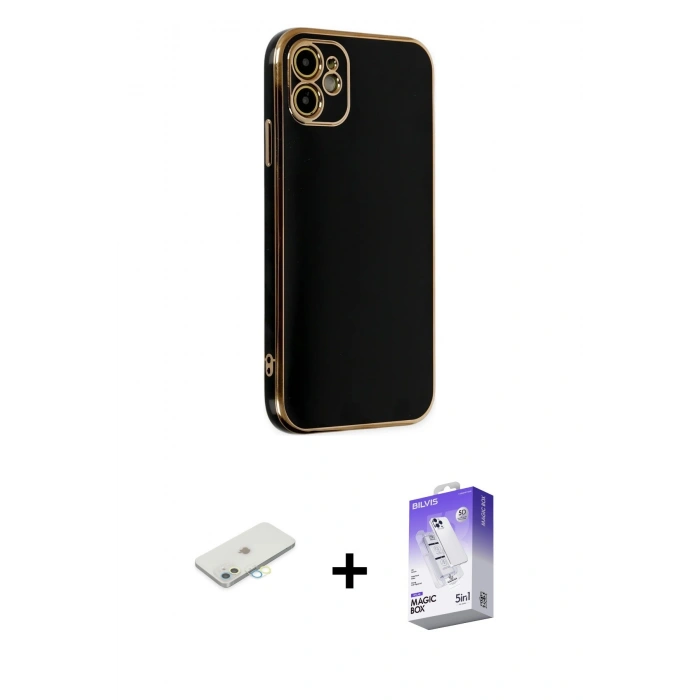 MARSİLYAN™- iPhone 12 Kılıf Yankı Serisi - Siyah Bilvis 5in1 3D Magic Cam Ekran Koruyucu + Renkli Kamera Lens Koruma Cam - SI