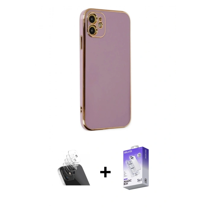 MARSİLYAN™- iPhone 12 Kılıf Yankı Serisi - Siyah Bilvis 5in1 3D Magic Cam Ekran Koruyucu + Kamera Lens Koruma Cam - SF