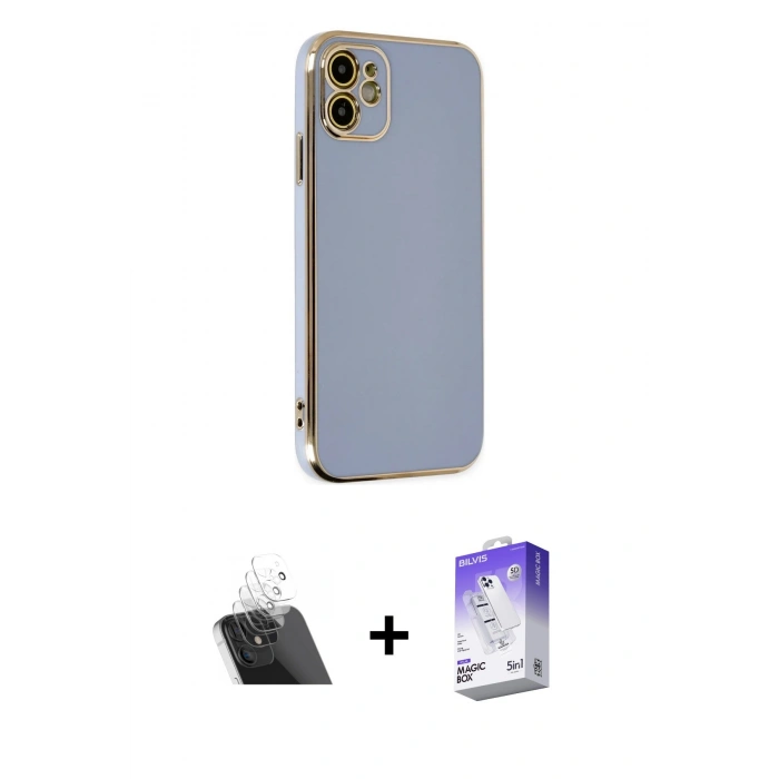 MARSİLYAN™- iPhone 12 Kılıf Yankı Serisi - Siyah Bilvis 5in1 3D Magic Cam Ekran Koruyucu + Kamera Lens Koruma Cam - SF