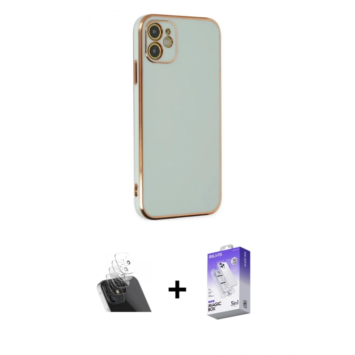 MARSİLYAN™- iPhone 12 Kılıf Yankı Serisi - Siyah Bilvis 5in1 3D Magic Cam Ekran Koruyucu + Kamera Lens Koruma Cam - SF
