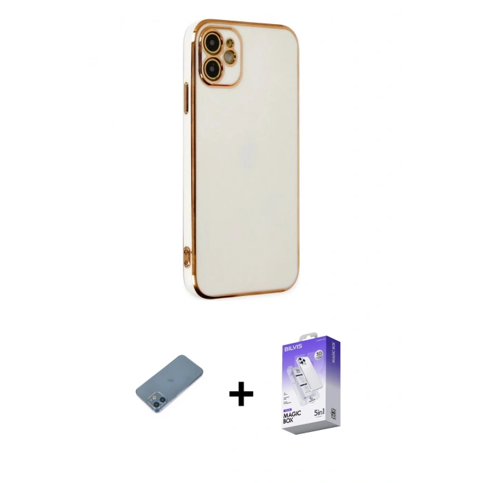 MARSİLYAN™- iPhone 12 Kılıf Yankı Serisi - Siyah Bilvis 5in1 3D Magic Cam Ekran Koruyucu + Shine Kamera Lens Koruma Cam - MI