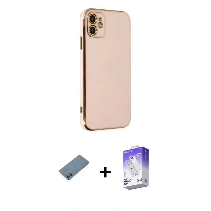 MARSİLYAN™- iPhone 12 Kılıf Yankı Serisi - Siyah Bilvis 5in1 3D Magic Cam Ekran Koruyucu + Shine Kamera Lens Koruma Cam - MI