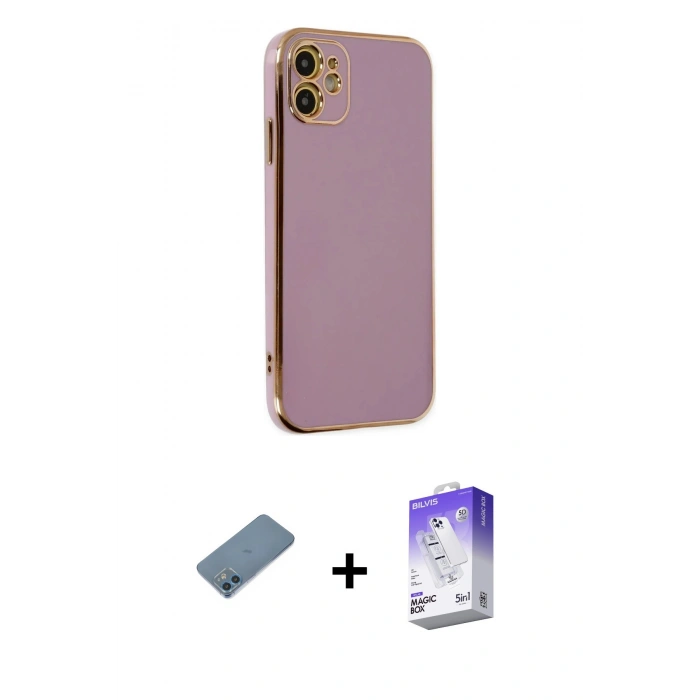MARSİLYAN™- iPhone 12 Kılıf Yankı Serisi - Siyah Bilvis 5in1 3D Magic Cam Ekran Koruyucu + Shine Kamera Lens Koruma Cam - MI