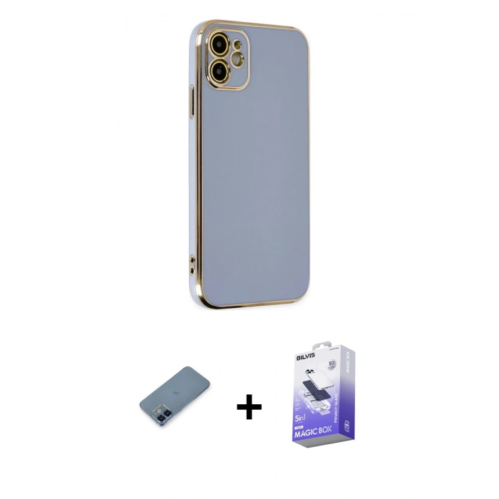 MARSİLYAN™- iPhone 12 Kılıf Yankı Serisi - Siyah Bilvis 5in1 5D Magic Hayalet Cam Ekran Koruyucu + Metal Kamera Lens Koruma Cam - MI