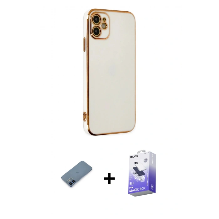 MARSİLYAN™- iPhone 12 Kılıf Yankı Serisi - Siyah Bilvis 5in1 5D Magic Hayalet Cam Ekran Koruyucu + Metal Kamera Lens Koruma Cam - MI