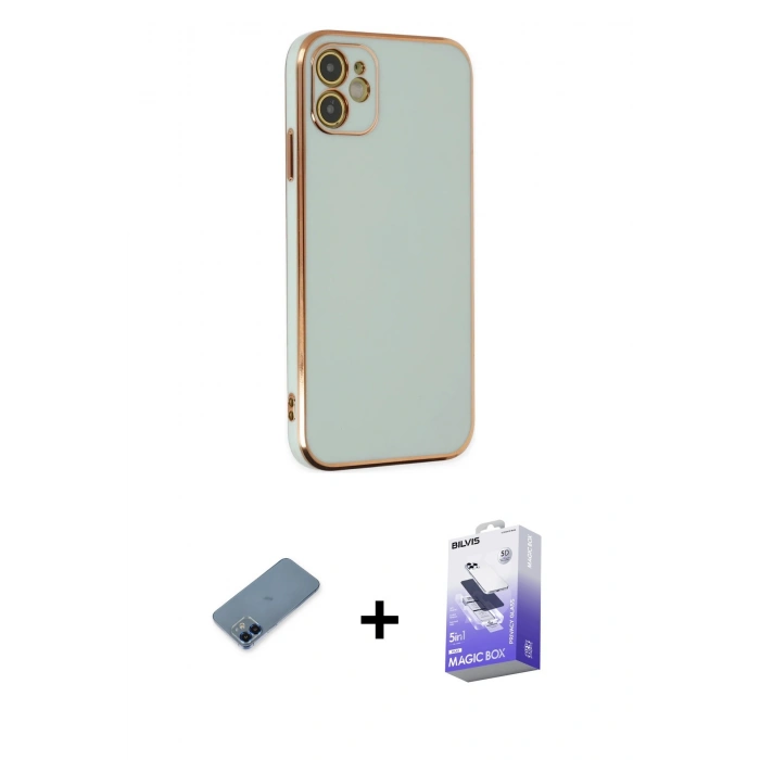 MARSİLYAN™- iPhone 12 Kılıf Yankı Serisi - Siyah Bilvis 5in1 5D Magic Hayalet Cam Ekran Koruyucu + Metal Kamera Lens Koruma Cam - MI