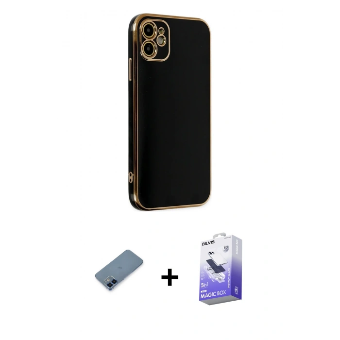 MARSİLYAN™- iPhone 12 Kılıf Yankı Serisi - Siyah Bilvis 5in1 5D Magic Hayalet Cam Ekran Koruyucu + Metal Kamera Lens Koruma Cam - MI