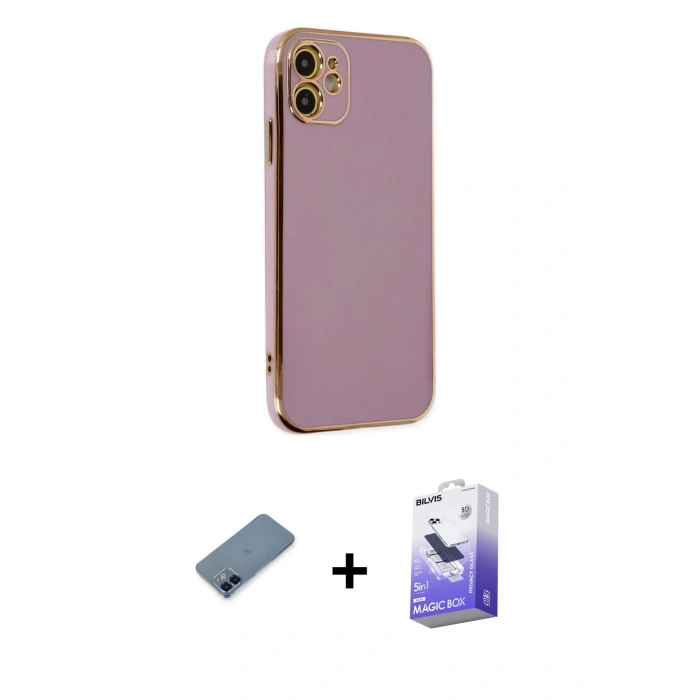 MARSİLYAN™- iPhone 12 Kılıf Yankı Serisi - Siyah Bilvis 5in1 5D Magic Hayalet Cam Ekran Koruyucu + Metal Kamera Lens Koruma Cam - MI