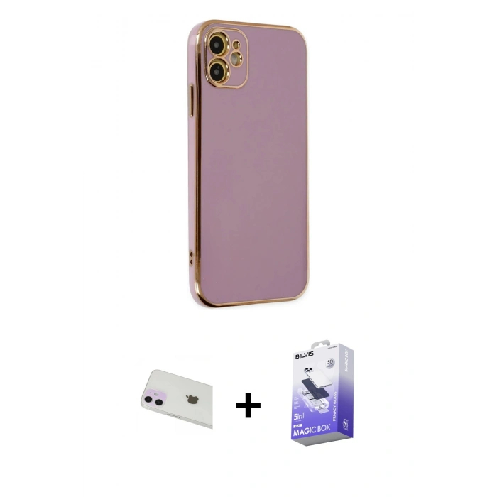 MARSİLYAN™- iPhone 12 Kılıf Yankı Serisi - Siyah Bilvis 5in1 5D Magic Hayalet Cam Ekran Koruyucu + Rainbow Kamera Lens Koruma Cam - MR