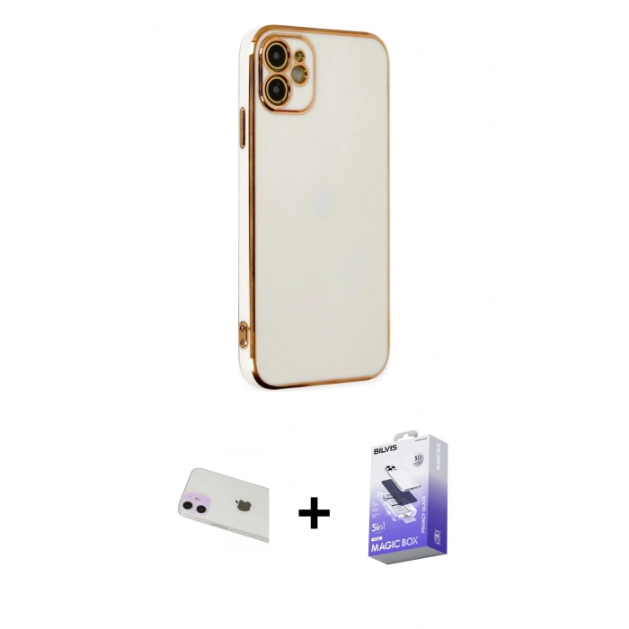 MARSİLYAN™- iPhone 12 Kılıf Yankı Serisi - Siyah Bilvis 5in1 5D Magic Hayalet Cam Ekran Koruyucu + Rainbow Kamera Lens Koruma Cam - MR