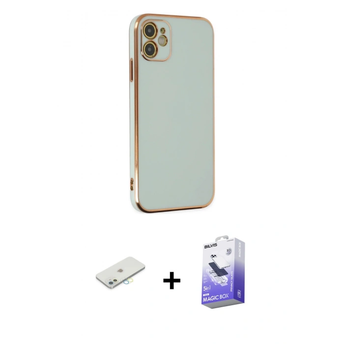 MARSİLYAN™- iPhone 12 Kılıf Yankı Serisi - Siyah Bilvis 5in1 5D Magic Hayalet Cam Ekran Koruyucu + Renkli Kamera Lens Koruma Cam - SI