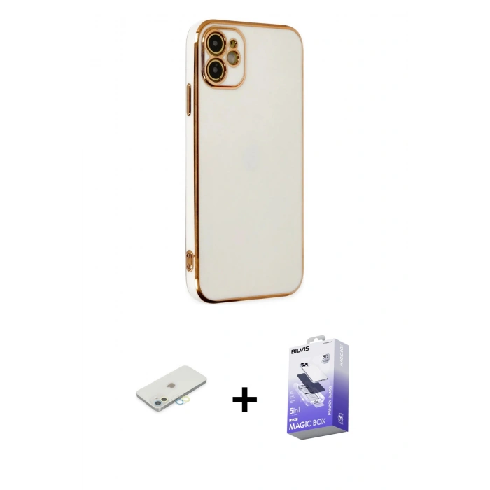 MARSİLYAN™- iPhone 12 Kılıf Yankı Serisi - Siyah Bilvis 5in1 5D Magic Hayalet Cam Ekran Koruyucu + Renkli Kamera Lens Koruma Cam - SI