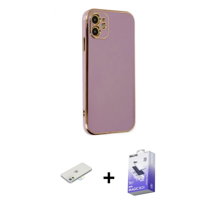 MARSİLYAN™- iPhone 12 Kılıf Yankı Serisi - Siyah Bilvis 5in1 5D Magic Hayalet Cam Ekran Koruyucu + Renkli Kamera Lens Koruma Cam - SI