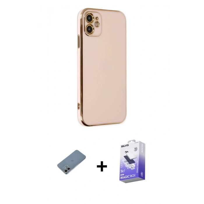 MARSİLYAN™- iPhone 12 Kılıf Yankı Serisi - Siyah Bilvis 5in1 5D Magic Hayalet Cam Ekran Koruyucu + Shine Kamera Lens Koruma Cam - GI