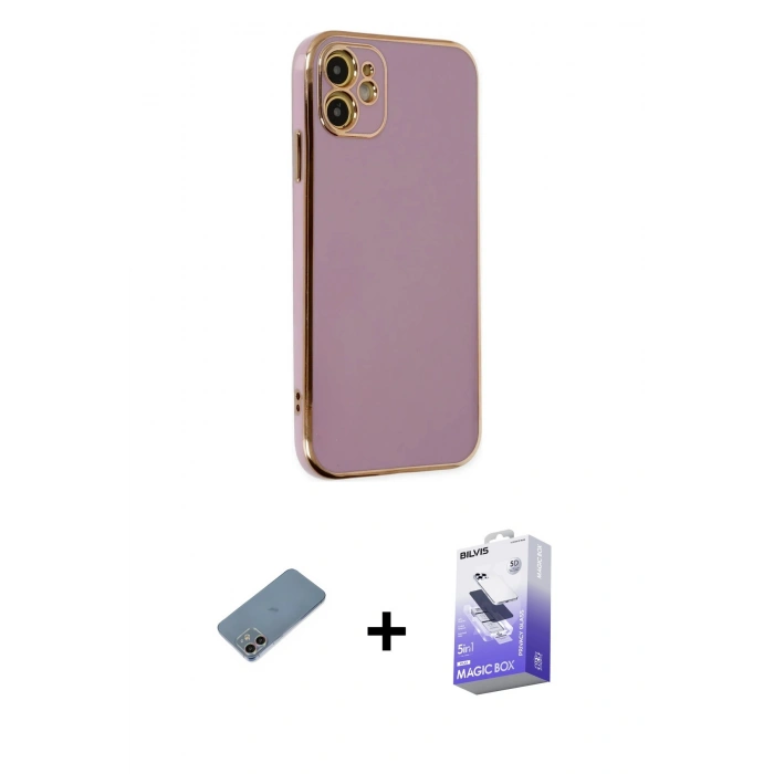 MARSİLYAN™- iPhone 12 Kılıf Yankı Serisi - Siyah Bilvis 5in1 5D Magic Hayalet Cam Ekran Koruyucu + Shine Kamera Lens Koruma Cam - GI