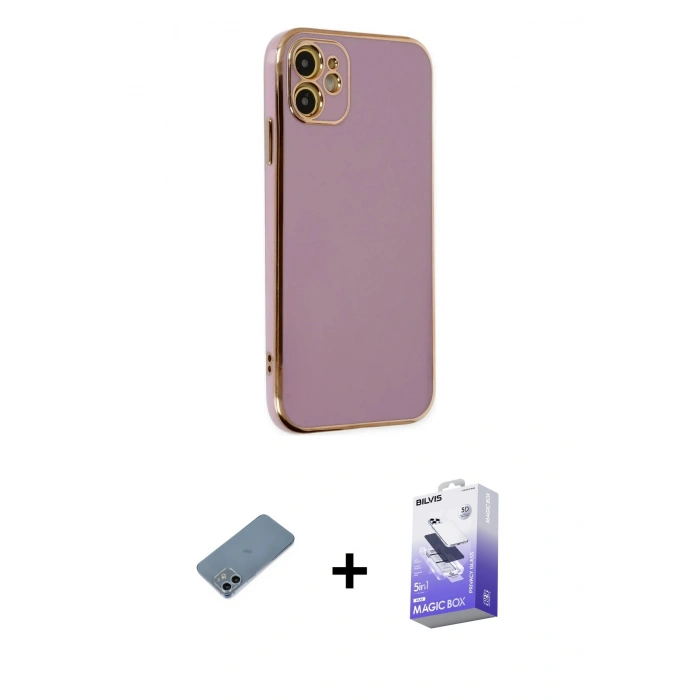 MARSİLYAN™- iPhone 12 Kılıf Yankı Serisi - Siyah Bilvis 5in1 5D Magic Hayalet Cam Ekran Koruyucu + Shine Kamera Lens Koruma Cam - SABE