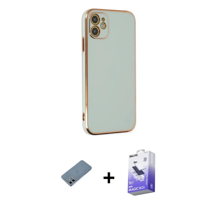 MARSİLYAN™- iPhone 12 Kılıf Yankı Serisi - Siyah Bilvis 5in1 5D Magic Hayalet Cam Ekran Koruyucu + Shine Kamera Lens Koruma Cam - SABE