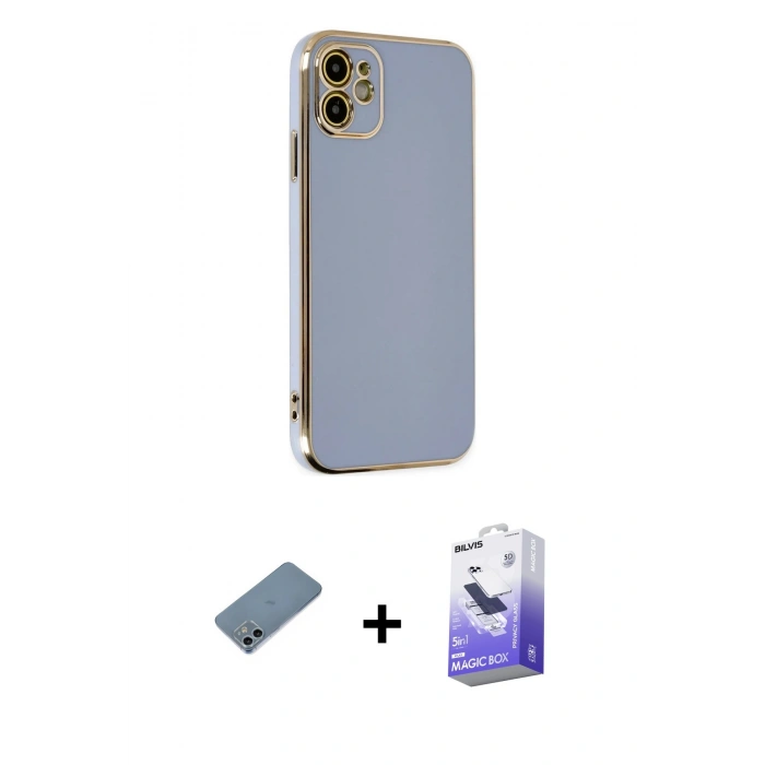 MARSİLYAN™- iPhone 12 Kılıf Yankı Serisi - Siyah Bilvis 5in1 5D Magic Hayalet Cam Ekran Koruyucu + Shine Kamera Lens Koruma Cam - SABE