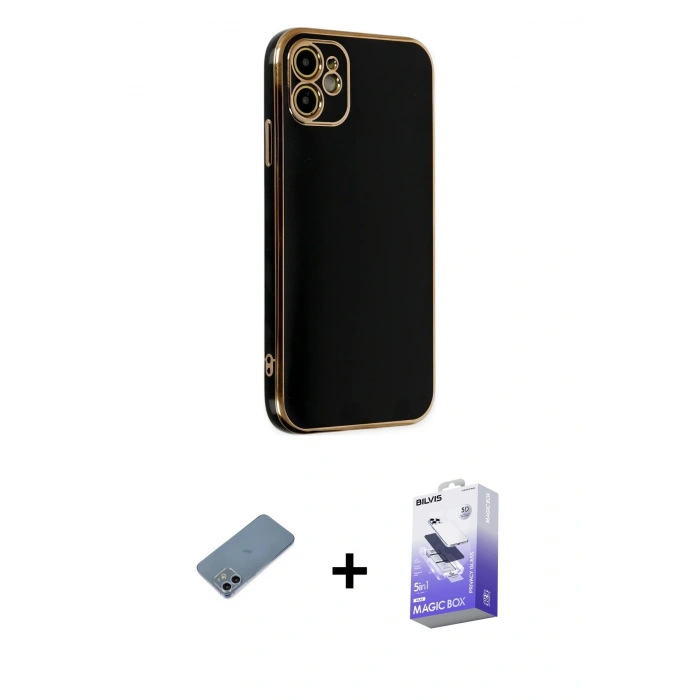 MARSİLYAN™- iPhone 12 Kılıf Yankı Serisi - Siyah Bilvis 5in1 5D Magic Hayalet Cam Ekran Koruyucu + Shine Kamera Lens Koruma Cam - SABE