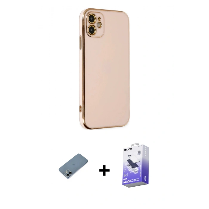MARSİLYAN™- iPhone 12 Kılıf Yankı Serisi - Siyah Bilvis 5in1 5D Magic Hayalet Cam Ekran Koruyucu + Shine Kamera Lens Koruma Cam - SABE