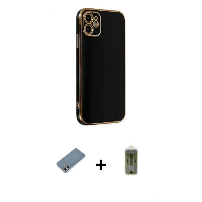 MARSİLYAN™- iPhone 12 Kılıf Yankı Serisi - Siyah Joko Magic 5D Hayalet Cam + Metal Kamera Lens Koruma Cam - AKYL