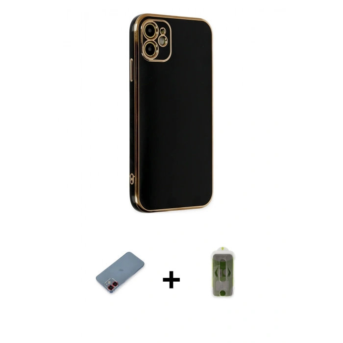 MARSİLYAN™- iPhone 12 Kılıf Yankı Serisi - Siyah Joko Magic 5D Hayalet Cam + Metal Kamera Lens Koruma Cam - KI