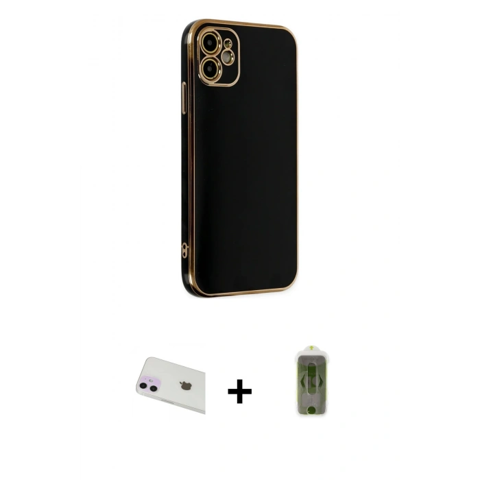 MARSİLYAN™- iPhone 12 Kılıf Yankı Serisi - Siyah Joko Magic 5D Hayalet Cam + Rainbow Kamera Lens Koruma Cam - MR
