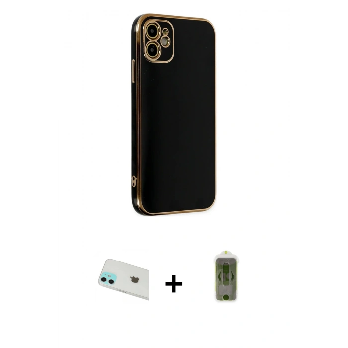 MARSİLYAN™- iPhone 12 Kılıf Yankı Serisi - Siyah Joko Magic 5D Hayalet Cam + Rainbow Kamera Lens Koruma Cam - YL