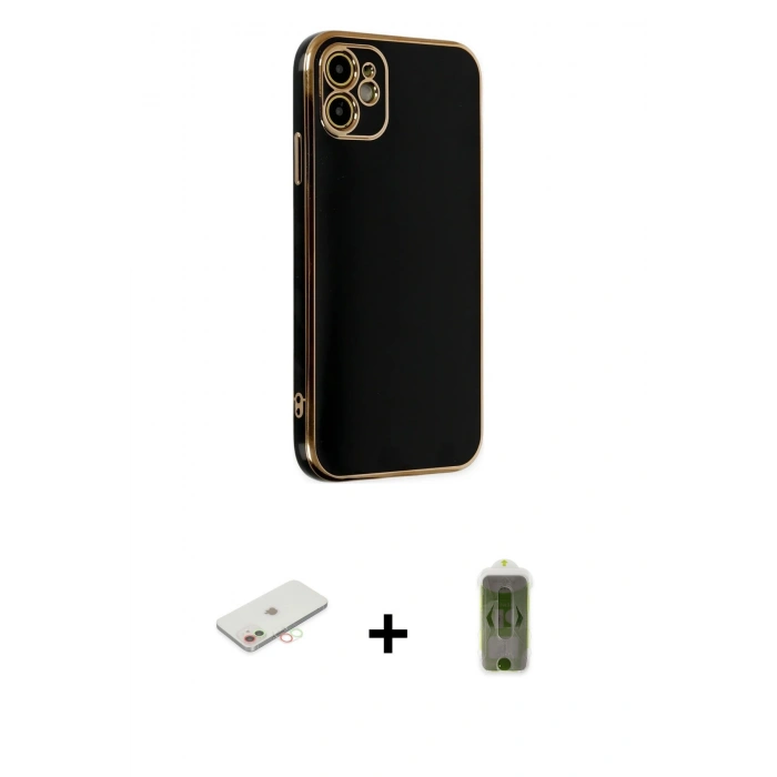 MARSİLYAN™- iPhone 12 Kılıf Yankı Serisi - Siyah Joko Magic 5D Hayalet Cam + Renkli Kamera Lens Koruma Cam - YL