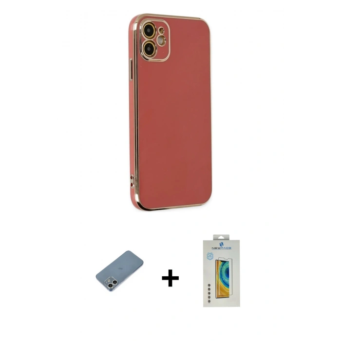 MARSİLYAN™- iPhone 12 Kılıf Yankı Serisi - Siyah Polymer Nano Ekran Koruyucu + Shine Kamera Lens Koruma Cam - GS