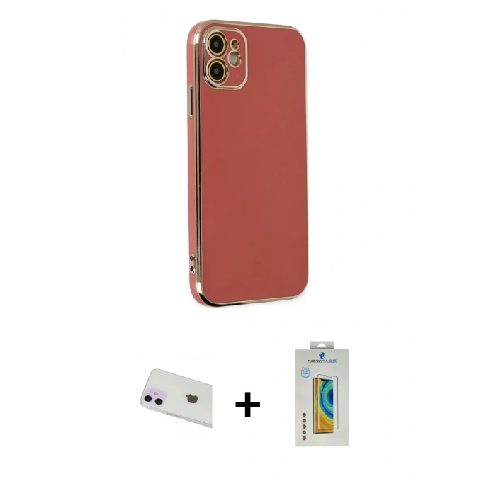 MARSİLYAN™- iPhone 12 Kılıf Yankı Serisi - Siyah Polymer Nano Ekran Koruyucu + Mor Rainbow Kamera Lens Koruma Cam