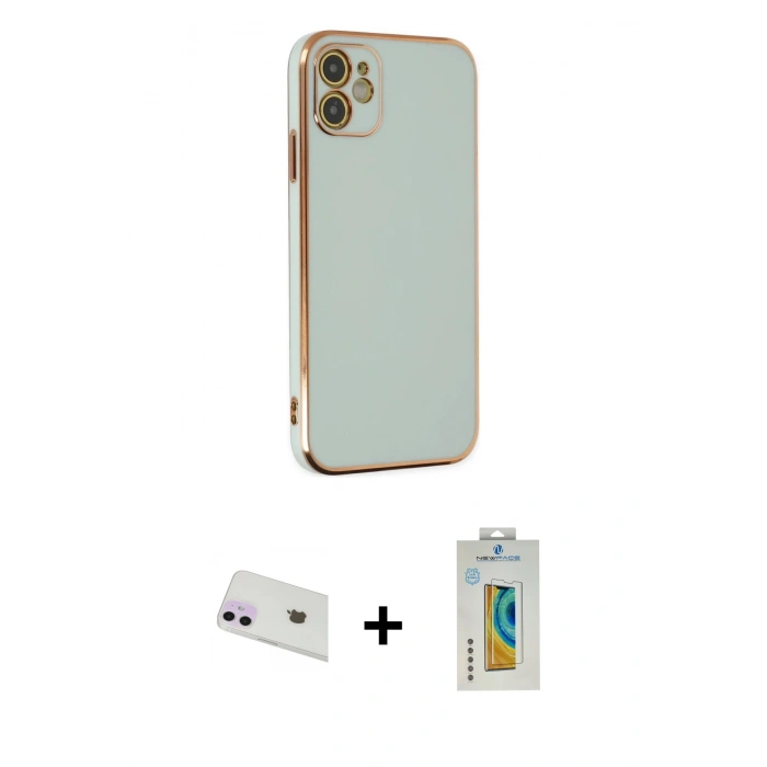 MARSİLYAN™- iPhone 12 Kılıf Yankı Serisi - Siyah Polymer Nano Ekran Koruyucu + Mor Rainbow Kamera Lens Koruma Cam