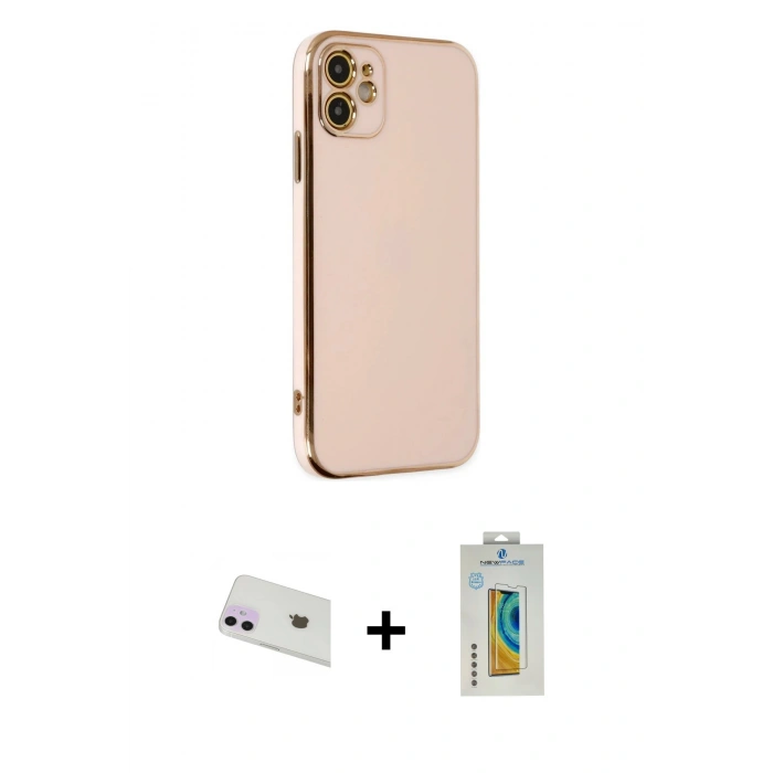 MARSİLYAN™- iPhone 12 Kılıf Yankı Serisi - Siyah Polymer Nano Ekran Koruyucu + Mor Rainbow Kamera Lens Koruma Cam