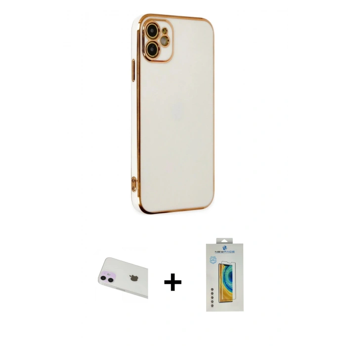 MARSİLYAN™- iPhone 12 Kılıf Yankı Serisi - Siyah Polymer Nano Ekran Koruyucu + Mor Rainbow Kamera Lens Koruma Cam