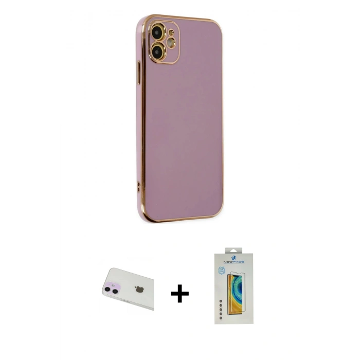 MARSİLYAN™- iPhone 12 Kılıf Yankı Serisi - Siyah Polymer Nano Ekran Koruyucu + Mor Rainbow Kamera Lens Koruma Cam