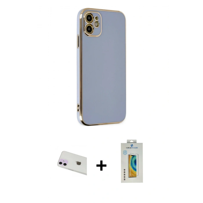 MARSİLYAN™- iPhone 12 Kılıf Yankı Serisi - Siyah Polymer Nano Ekran Koruyucu + Mor Rainbow Kamera Lens Koruma Cam