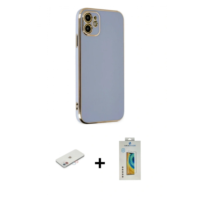 MARSİLYAN™- iPhone 12 Kılıf Yankı Serisi - Siyah Polymer Nano Ekran Koruyucu + Renkli Kamera Lens Koruma Cam - PE