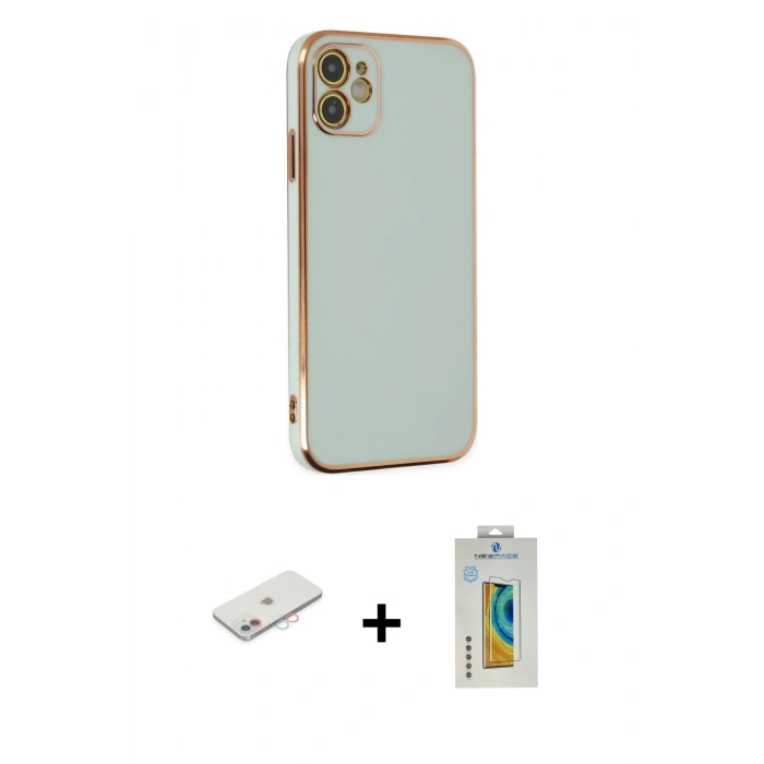 MARSİLYAN™- iPhone 12 Kılıf Yankı Serisi - Siyah Polymer Nano Ekran Koruyucu + Renkli Kamera Lens Koruma Cam - PE