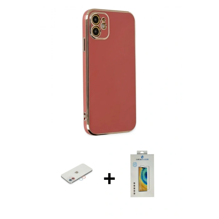 MARSİLYAN™- iPhone 12 Kılıf Yankı Serisi - Siyah Polymer Nano Ekran Koruyucu + Renkli Kamera Lens Koruma Cam - PE