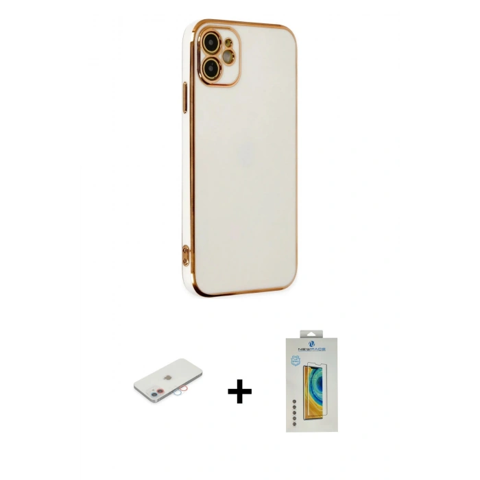 MARSİLYAN™- iPhone 12 Kılıf Yankı Serisi - Siyah Polymer Nano Ekran Koruyucu + Renkli Kamera Lens Koruma Cam - PE
