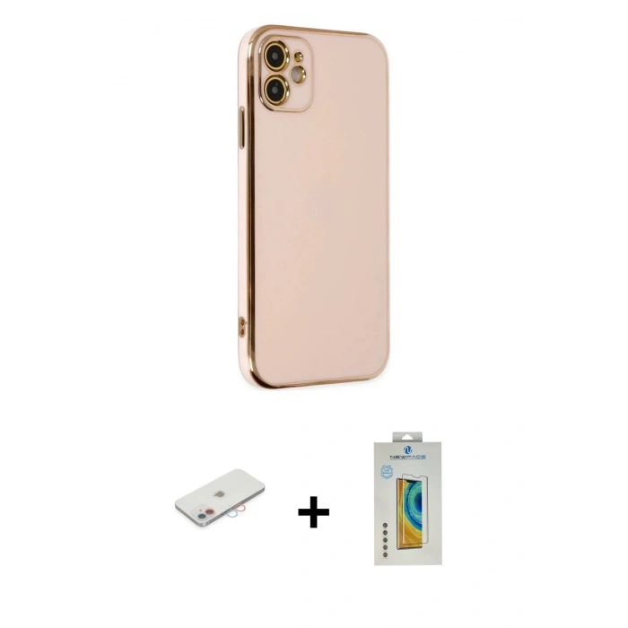 MARSİLYAN™- iPhone 12 Kılıf Yankı Serisi - Siyah Polymer Nano Ekran Koruyucu + Renkli Kamera Lens Koruma Cam - PE
